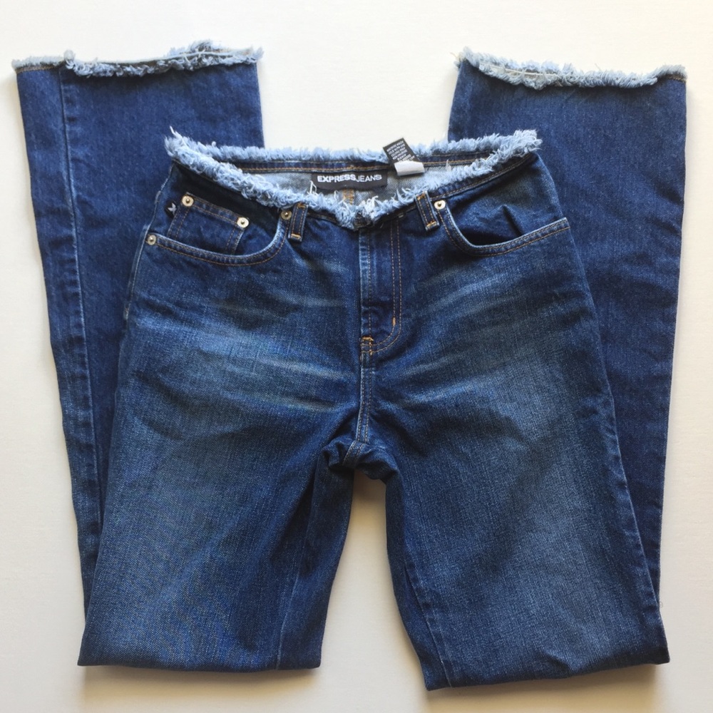 👖Express funky high waisted boot cut frayed jeans